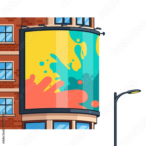Vibrant Billboard on Brick Building with Abstract Colorful Splash Art and Street Lamp