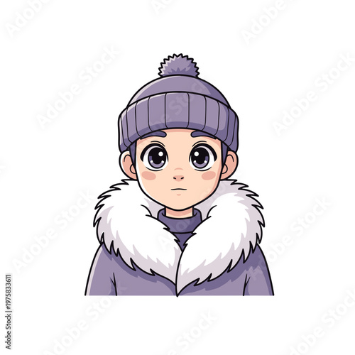 Adolescent wearing a fur coat and beanie with a serious expression  