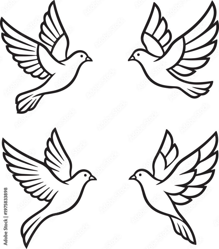 Fototapeta premium Set of four black and white flying dove bird vector icons in different elegant poses for graphic design and peace symbols