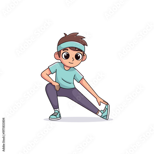 Young boy doing dynamic stretch exercise in sporty attire, Teen warmup dynamic stretch