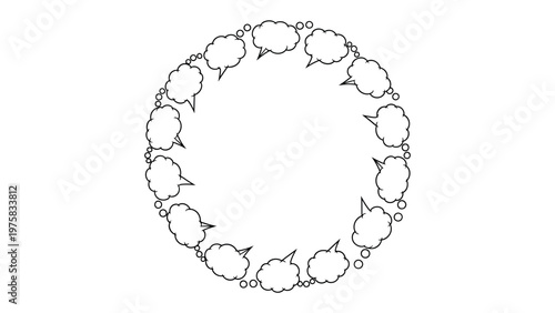 Circular Dialogue: An artistic illustration of speech bubbles arranged in a circular formation, symbolizing continuous communication, brainstorming, or discussion. 