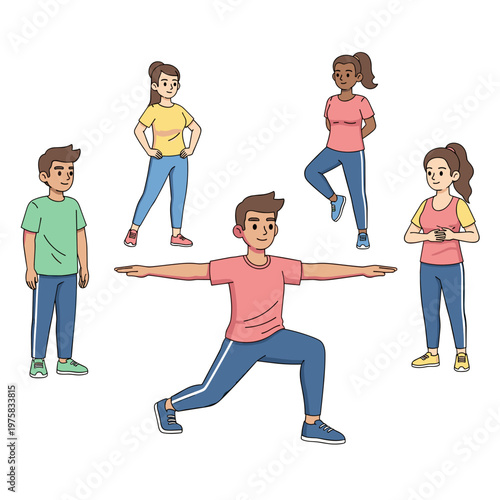 Group of young people performing dynamic stretches during warmup, Teen warmup dynamic stretch