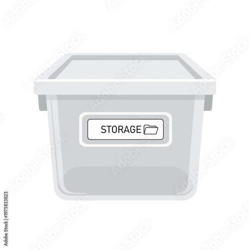 Transparent storage box with label and folder icon, isolated on white background