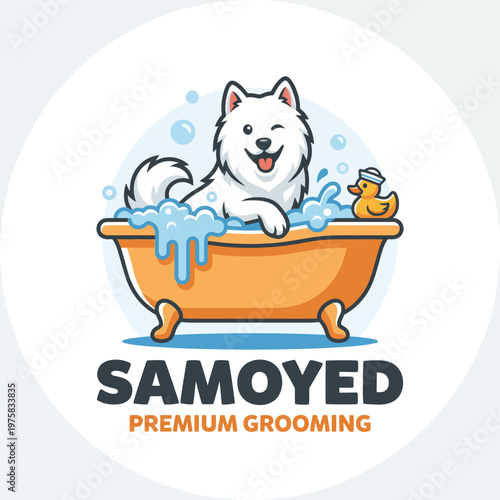 This lively image shows a joyful Samoyed dog enjoying a playful bath with foam, creating a sense of happiness, care, and fun. Ideal for pet grooming and wellness themes.