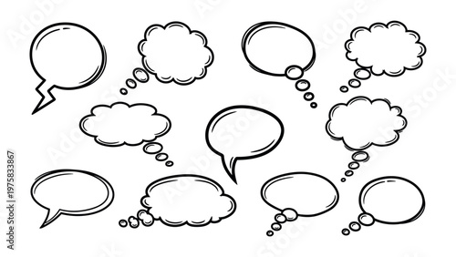 Speech Bubble Collection: An array of blank speech bubbles, each intricately outlined in a black ink, poised to convey a multitude of thoughts and ideas