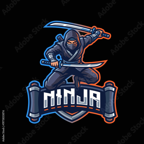 This striking logo illustrates a ninja in a dynamic pose wielding two swords, representing agility, stealth, and skill, appealing to martial arts enthusiasts and gamers alike.