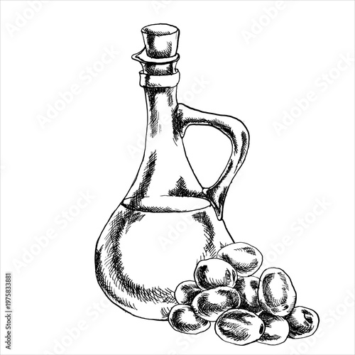 Olive oil ink graphics clipart with glass oil jar and olive fruit bunch illustration. Hand drawn engraved vegan food,salad dressing painting,Italian traditional liquid food for menu, packing design