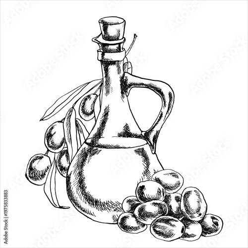 Olive branch, glass oil jar and fruits bunk ink graphics. Engraved monochrome illustration with Italian traditional dressing, vegan food clipart in outline style for product packing, logo design