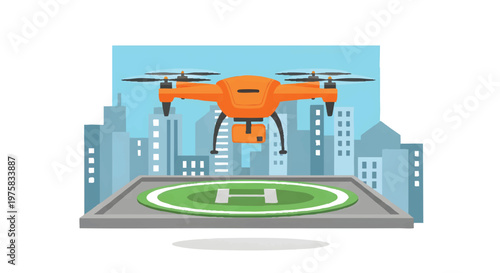 Drone landing on city rooftop helipad illustration