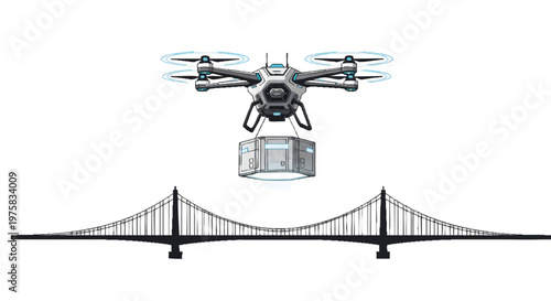 Drone flying over suspension bridge with cargo