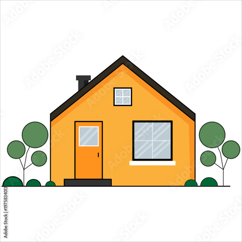 Flat Cartoon House with Trees-Cozy Village home Illustration