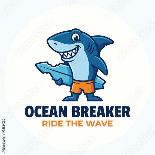 An adorable cartoon shark holding a surfboard, ideal for adventure-themed brands, embodying energy, fun, and excitement, perfect for water sports and recreational businesses.