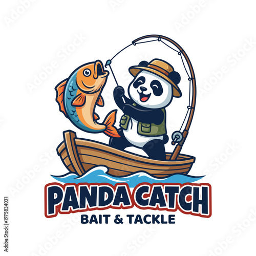 This humorous scene depicts a panda fishing, catching a giant fish, blending fun and adventure suitable for outdoor or themed projects related to wildlife.
