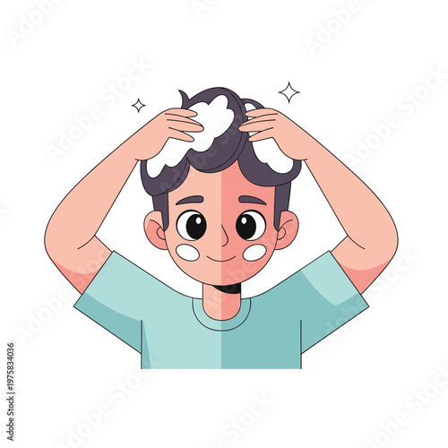 Teenager  using hair mask while smiling in minimal style  