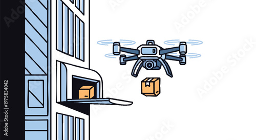 Drone delivering package from building window to customer
