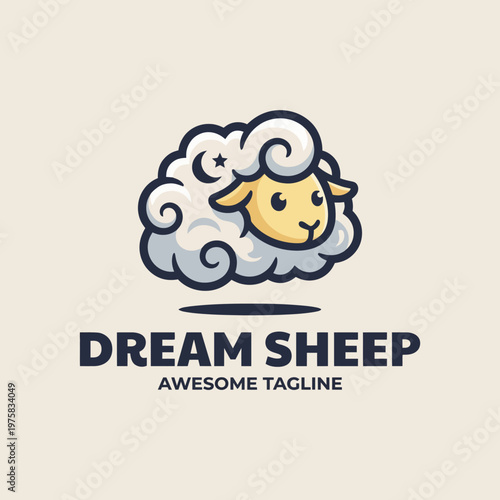 A cute sheep peeking out from a cloud, showcasing tranquility and peacefulness, ideal for businesses related to wellness, sleep, or children's products in a whimsical style.