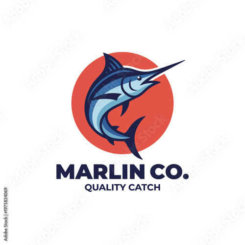 A striking illustration of a marlin fish leaping against a vibrant background, embodying the thrill of sport fishing and marine adventure, designed to attract fishing lovers and enthusiasts.