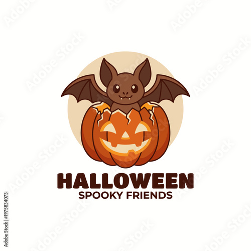 A delightful cartoon bat peeking out of a carved pumpkin showcasing Halloween spirit with fun and playful elements, bright colors, and a cheerful vibe perfect for seasonal themes.