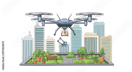 Drone delivering package in cityscape with modern buildings and green park
