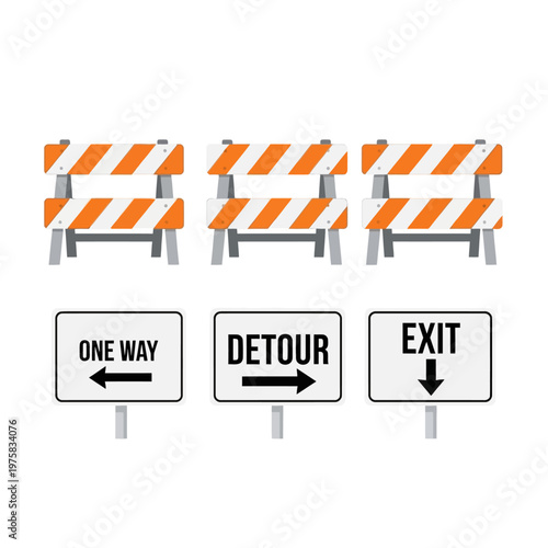 Road Construction Barriers and Traffic Signs: One Way, Detour, Exit