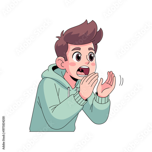 Teenager yelling into cupped hands