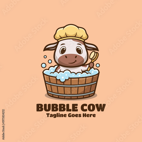 A charming cow relaxing in a bubble bath, wearing a chef's hat, evoking feelings of comfort and playfulness, perfect for children's products or home decor themes.
