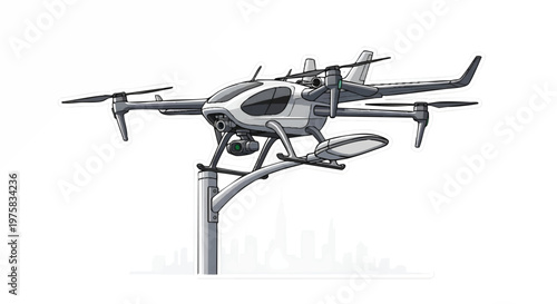 Drone on a charging station with cityscape background