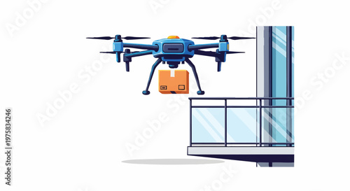 Drone delivering package to building balcony with blue accents