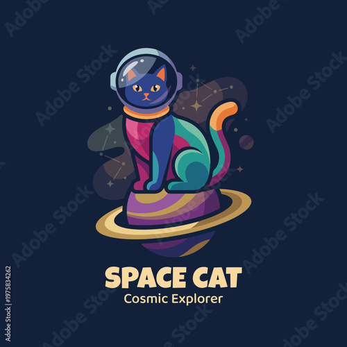 A playful illustration of a colorful cat wearing an astronaut helmet, exploring space while perched on a planet, ideal for pet lovers and cosmic adventure enthusiasts alike.