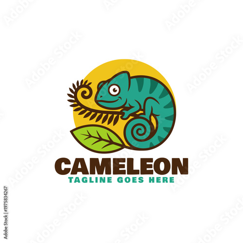 A fun and appealing logo featuring a chameleon blending with green leaves, representing adaptability and change, perfect for brands aiming to convey versatility and creativity.