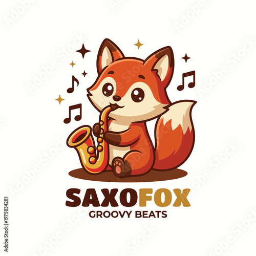 A cute logo showing a fox playing a saxophone surrounded by musical notes, embodying joy and creativity, perfect for music-related businesses or artistic endeavors.