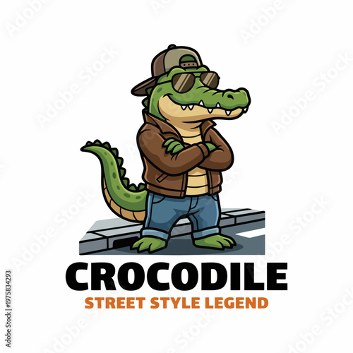 A trendy logo design featuring a crocodile in sunglasses and casual streetwear, representing the cool urban lifestyle, great for brands focusing on youth culture and fashion.