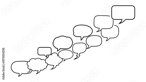 Dialog Clouds Cascade: An array of speech bubbles, ascending in size and arranged in a diagonal line, symbolizing a conversation.