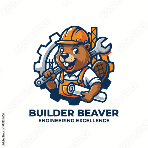 This enthusiastic beaver character showcases construction themes by holding tools and a rolled-up blueprint, symbolizing dedication to building and engineering excellence.