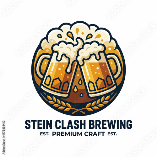 A vibrant illustration of two frothy beer mugs clinking together in celebration, symbolizing the craft brewing culture and the joy of sharing quality beverages with friends.