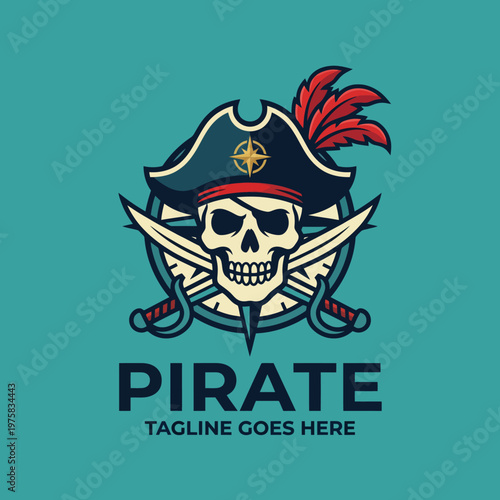 This bold pirate-themed graphic features a prominent skull and crossbones design, alongside crossing swords and a compass, perfect for themed merchandise or artwork.