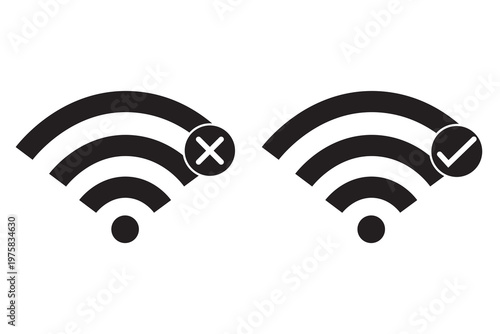 Wi-Fi connection status icon. Wireless Connection icon set. No internet and connected symbol. Wi-Fi Error and successful connection.