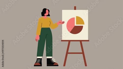 Woman Presenting Data Analysis Pie Chart on Easel, Discussing Business Growth and Statistics in Modern Flat Illustration Style