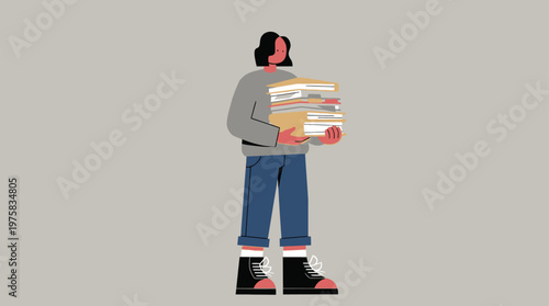Overwhelmed Person Carrying a Huge Stack of Documents and Folders - Illustration of Workload Stress