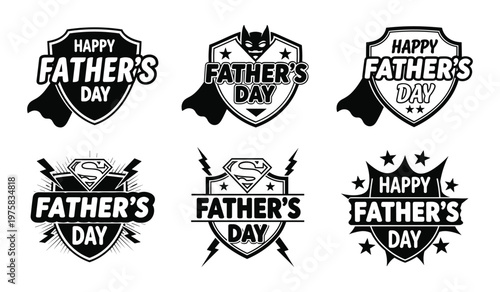 Six superhero themed happy fathers day badges in black and white shield