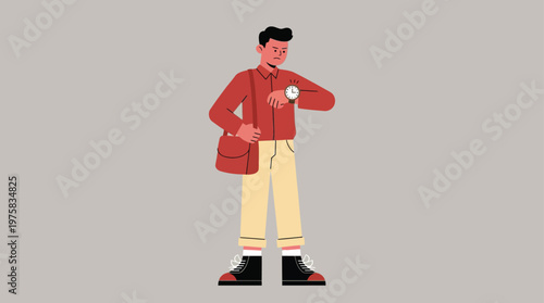 Frustrated Young Man Checking Wristwatch, Anxiously Waiting or Worried About Being Late for an Event