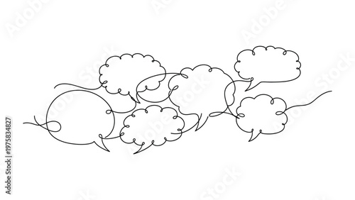 Connected Conversations: A continuous line art piece of several interconnected speech bubbles, conveying the flow of dialogue and ideas. 