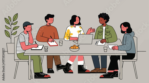 Diverse Team Collaboration Meeting Illustration with People Discussing Ideas and Working Together at a Table