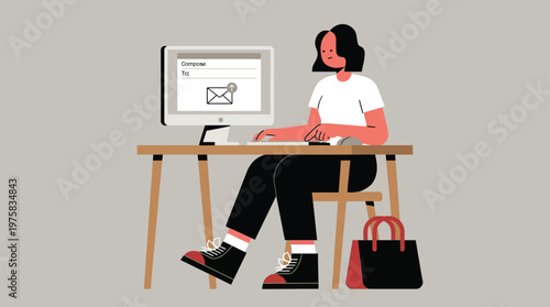 Busy woman working from home office, composing and sending email on desktop computer, modern flat illustration