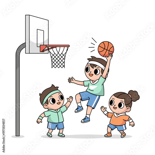 Children playing basketball together in urban playground setting. Youth basketball street game 