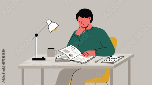 Focused Man Reading a Book at a Desk Under a Lamp in a Cozy Home Office Setting, Learning and Studying