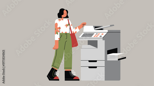 Young Woman Using Office Printer for Document Copying or Scanning, Business Technology Illustration