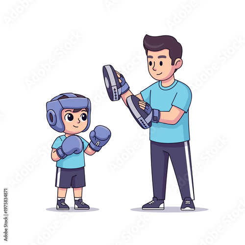 Young boy practicing boxing with coach in training session. Youth boxing mitt practice  