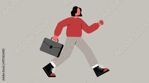 Dynamic Vector Illustration of a Professional Woman Rushing with a Briefcase, Symbolizing Business Urgency and Ambition