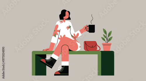 Stylish woman in floral shirt relaxing with a warm drink on a green bench, enjoying a calm moment in a minimalist setting.